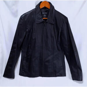 New York & Company Genuine Leather Jacket Black Women's L‎ Full Zip Moto Biker